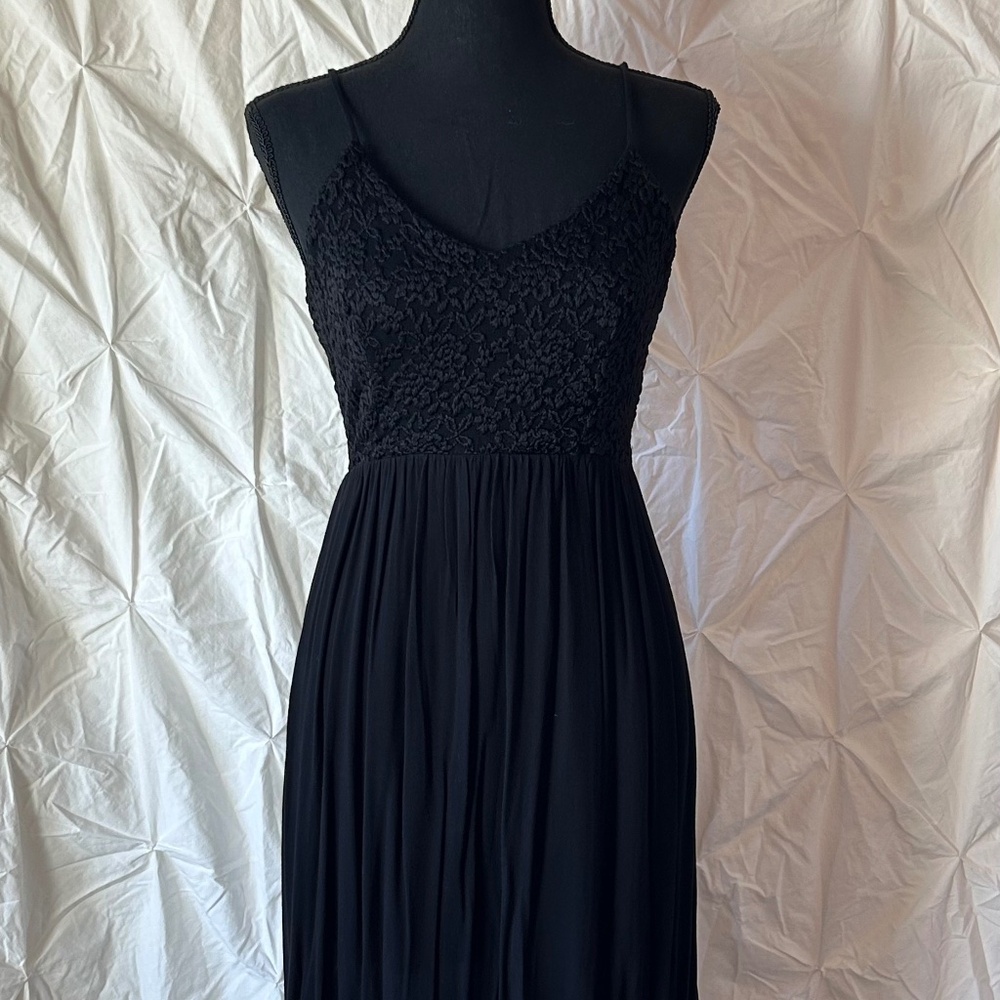 Audrey black mid-length dress with embroidered top and open back detail (S)